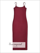 Women Casual Solid Cami Strap Cotton Bodycon Side Slit Sleeveless Midi Dress Sun-Imperial United States