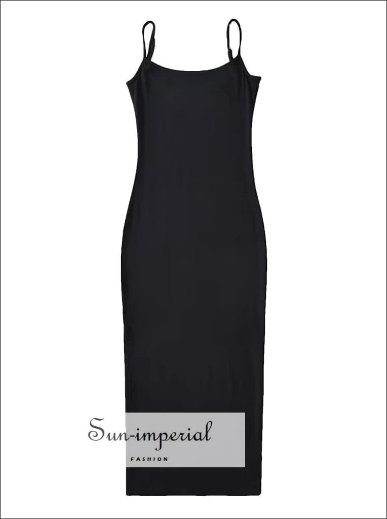Women Casual Solid Cami Strap Cotton Bodycon Side Slit Sleeveless Midi Dress Sun-Imperial United States