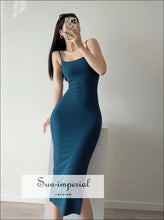 Women Casual Solid Cami Strap Cotton Bodycon Side Slit Sleeveless Midi Dress Sun-Imperial United States