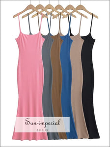 Women Casual Ribbed Solid Adjustable Cami Strap Cotton Bodycon Sleeveless Maxi Dress Sun-Imperial United States
