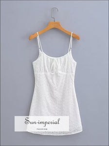 White Embroidery Lace Adjustable Cami Strap Sling Mini Dress With Center Bow Detail Sun-Imperial United States