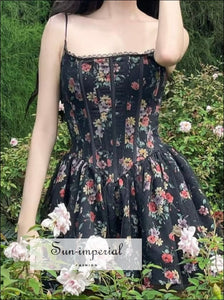 Women Black Floral Print Corset Style A-line Mini Dress With Mesh Bra Detail style A-Line Sun-Imperial United States
