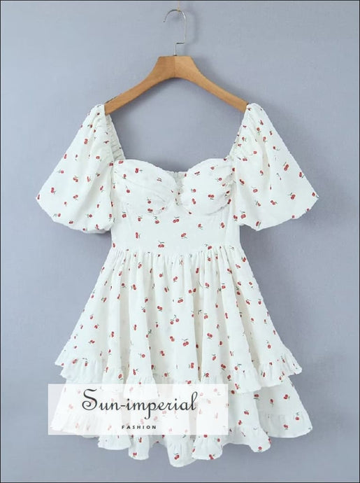 Women’s White Corset Style Cherry Print A-line Layard Mini Dress With Ruffles Hem Detail A-Line Sun-Imperial United States