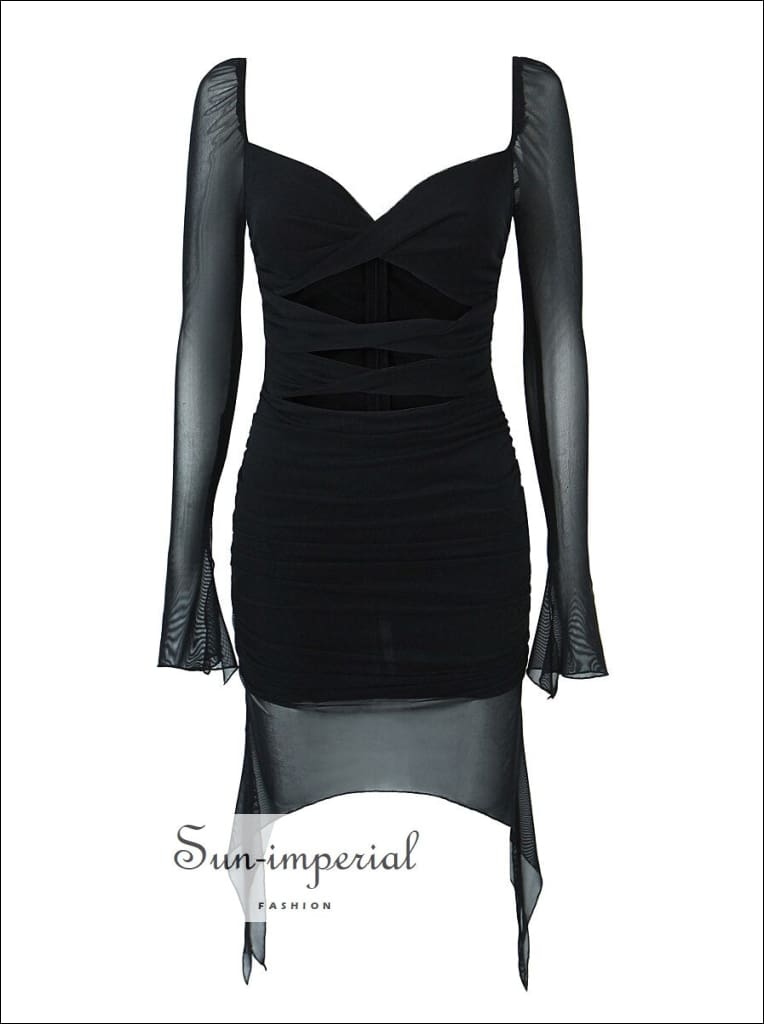 Sun-Imperial - Womens Cut Out Front Long Flare Sleeve Asymmetrical Mesh Mini Dress Black / M Sun-Imperial - Womens Cut Out Front Long Flare Sleeve Asymmetrical Mesh Mini Dress Black / M