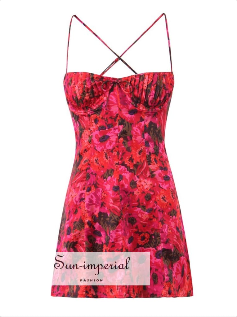 Women Floral Rose Pink Underwire Bodice Cross Front Backless Mini Dress underwire Sun-Imperial United States