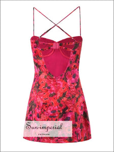 Women Floral Rose Pink Underwire Bodice Cross Front Backless Mini Dress underwire Sun-Imperial United States