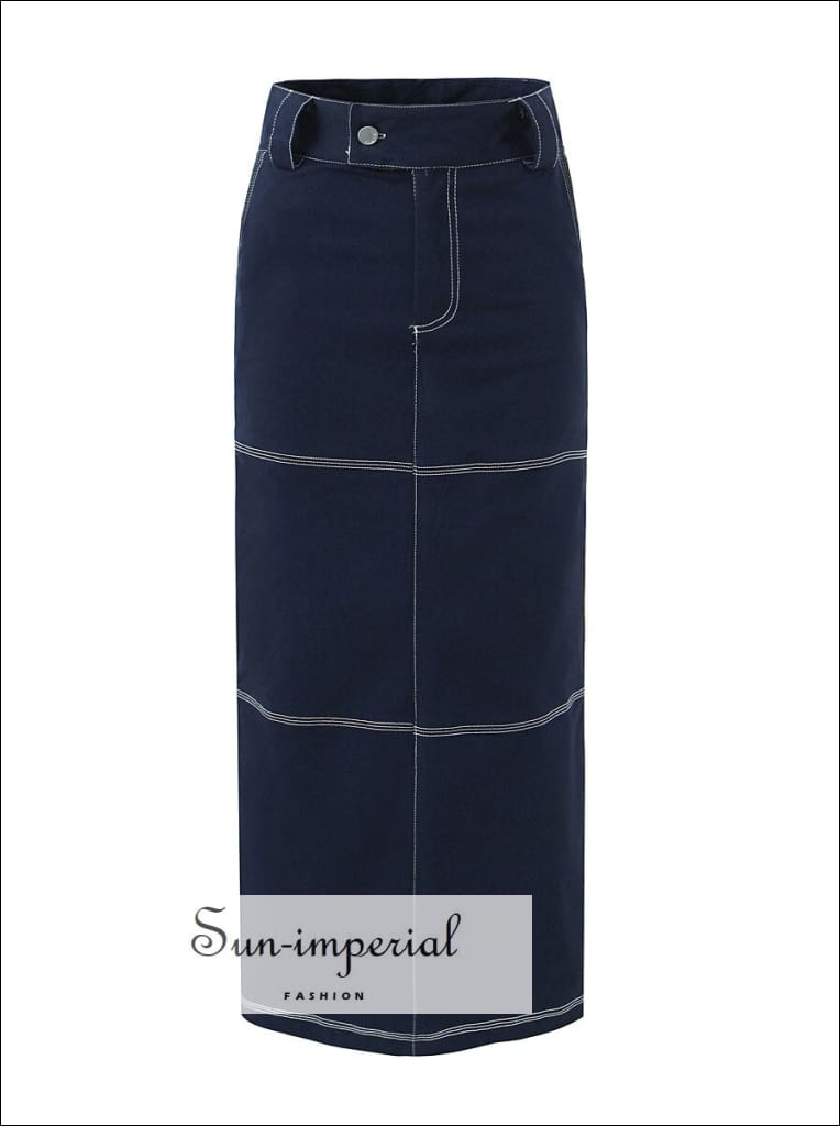 Woman’s Denim Pencil Maxi Skirt With Back Slit And Pockets Detail Sun-Imperial United States