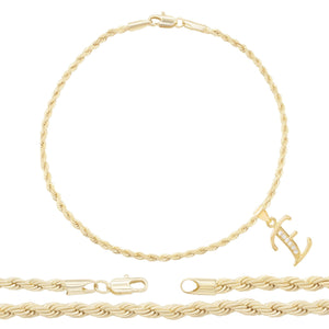 A-Z Initial Letter Pendant 14K Gold Filled Cubic Zirconia Rope Chain Anklet 10" Set CZ Charm Foot Bracelet 2.4 mm Female Women Girl