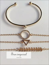 4 Pcs/set Charm Women's Fashion Crystal Triangle Circle Leaf Chain Gold Bracelet Set
