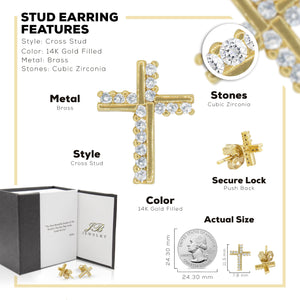 Cross 14K Gold Filled Silver Earrings Cubic Zirconia Hip Hop Studs Ear Piercing Fashion Jewelry Women Men