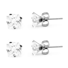 Stud Earrings Set Of 2 Pairs Square Cubic Zirconia Stainless Steel Silver CZ Studs