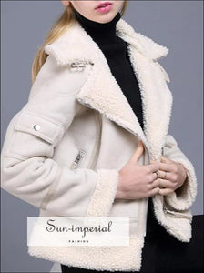 9 Faux Shearling Sheepskin Coat Women Leather thick Suede Jacket Wool Short Motorcycle Coats