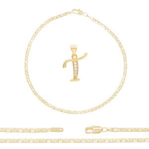 A-Z Initial Letter Pendant 14K Gold Filled Cubic Zirconia Mariner Chain Anklet 10" Set CZ Charm Foot Bracelet 3.2 mm Female Women Girl
