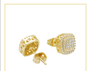 Square 9 Cubic Zirconia Earrings 14K Gold Filled Silver Hip Hop Studs Ear Piercing Jewelry Women Men