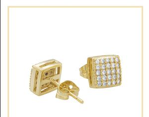Square 16 Cubic Zirconia Earrings 14K Gold Filled Silver Hip Hop Studs Ear Piercing Jewelry Women Men