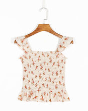 Cream Floral  Shirred Women Cami Tank Top With Ruffles Detail