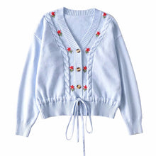 Women Pale Blue Single breasted Knitted Sweater With  Embroidered Floral and front Waist tie Detail Cardigan