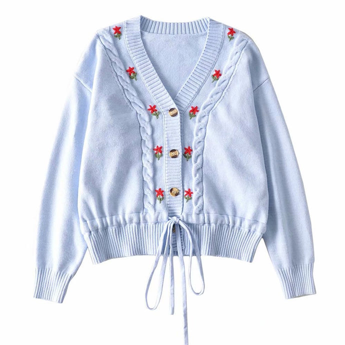 Women Pale Blue Single breasted Knitted Sweater With  Embroidered Floral and front Waist tie Detail Cardigan