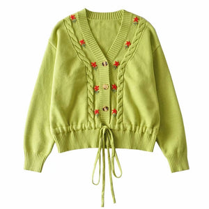 Women Green Single breasted Knitted Sweater With  Embroidered Floral and front Waist tie Detail Cardigan