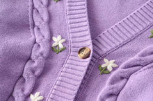 Women Purple Single breasted Knitted Sweater With  Embroidered Floral and front Waist tie Detail Cardigan