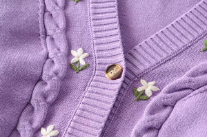 Women Purple Single breasted Knitted Sweater With  Embroidered Floral and front Waist tie Detail Cardigan