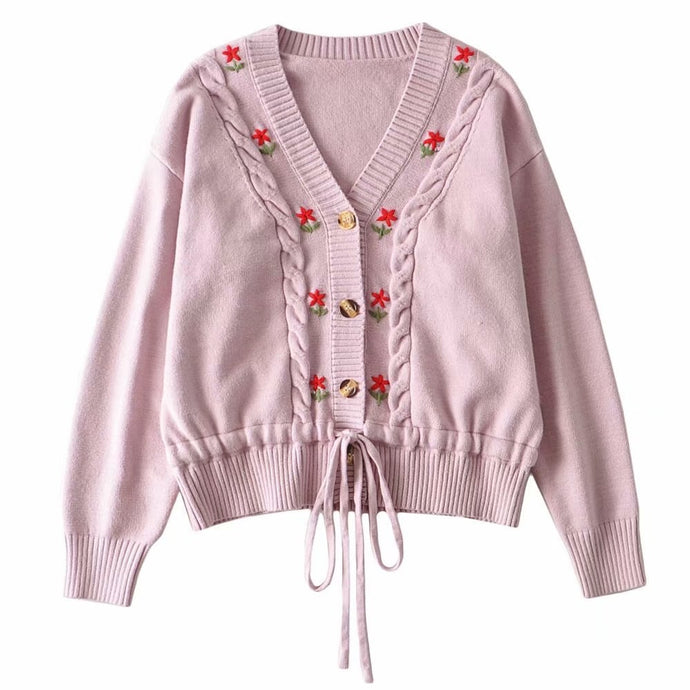 Women Pink Single breasted Knitted Sweater With  Embroidered Floral and front Waist tie Detail Cardigan