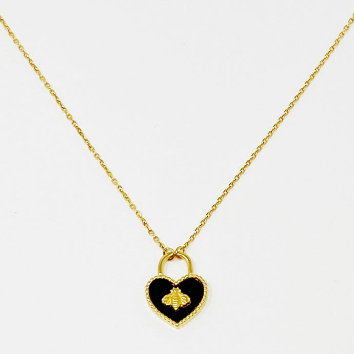 Black Heart Gold Bee Pendant Necklace