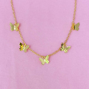Gold Five Dainty Butterflies Attached Throughout Charm Necklace