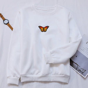 White Basic Butterfly Print Women Sweatshirt Hooded Drawstring Cotton Loose Hoodie Harajuku Hoodie