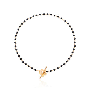 Women Black Crystal Beads Choker Necklace With Gold Flower Detail