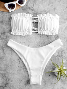 Ribbed Tie Cutout Bandeau Bikini Swimsuit - Sea Green