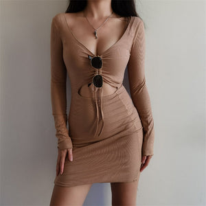 Brown Khaki Drawstring front Bodycon Mini Dress with Cut-out detail Long Sleeved Mini Dress