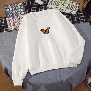 White Basic Butterfly Print Women Sweatshirt Hooded Drawstring Cotton Loose Hoodie Harajuku Hoodie