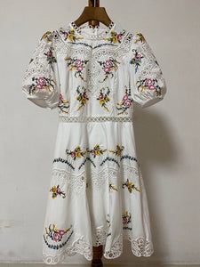 Boulder Dress - Elegant Embroidery Women Dress Stand Collar Long Sleeve High Waist Lace Slim