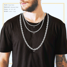 Rope Chain Necklace Silver Stainless Steel Twisted Link Fashion Jewelry for Men 18" 20" 24" 30" Length | 2 mm - 7 mm Width