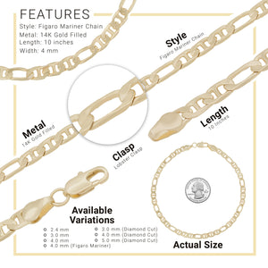 14K Gold Filled Anklet Diamond Cut Figaro Chain Foot Bracelet Anklet Fashion Jewelry for Women Girls Length 10''