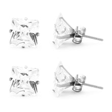 Stud Earrings Set Of 2 Pairs Square Cubic Zirconia Stainless Steel Silver CZ Studs