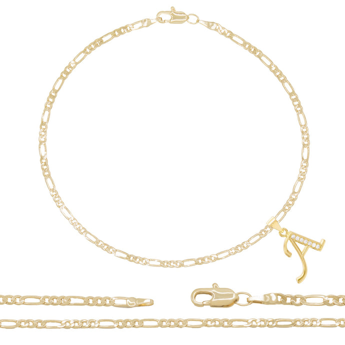 A-Z Initial Letter Pendant 14K Gold Filled Cubic Zirconia Figaro Chain Anklet 10