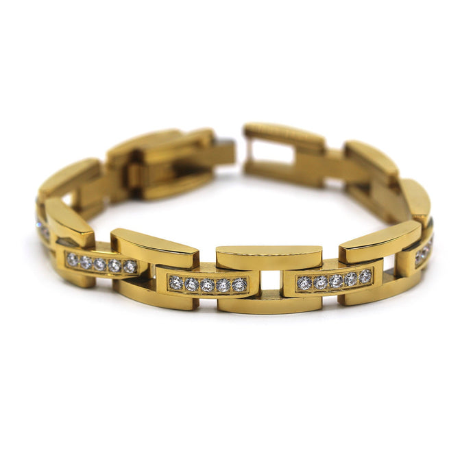 Elaborate Men’s Stainless Steel Bracelet Fashion Wrist Band CZ (Gold)