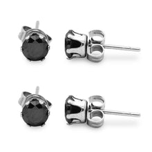 Stud Earring Set of 2 Black Round Cubic Zirconia Stainless Steel CZ Studs