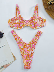 Women Pink Floral Print Swimsuit With Bow String And Ruffle Detail
