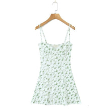 Women White With Green Leaf Print Corset style Cami Strap Skater Mini Dress