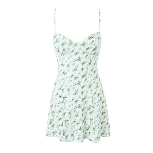Women White With Green Leaf Print Corset style Cami Strap Skater Mini Dress