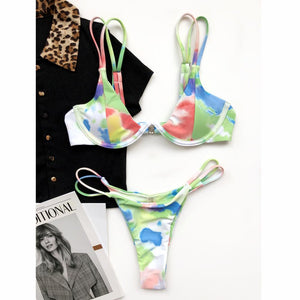 Women Pink Tie Dye Push Up underwire  Bikini Set With Double Strap Detail Swimsuit