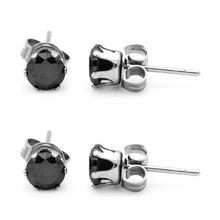 Stud Earring Set of 2 Black Round Cubic Zirconia Stainless Steel CZ Studs