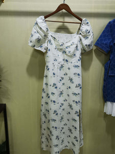 Vintage Cream Floral Print Linen Square Collar Puff shot Sleeve Split Front Midi Dress With Blue floral Print