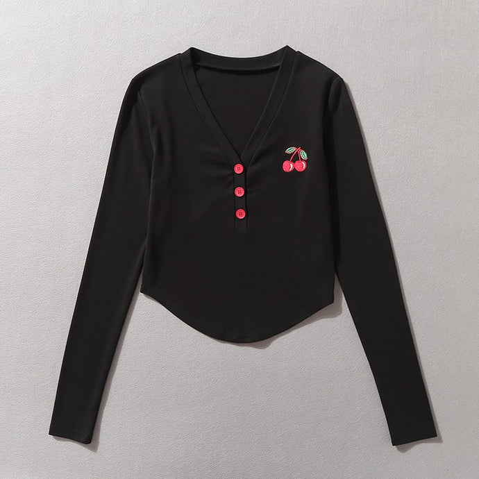 Women Embroidery Cherry V Neck Long Sleeved Crop Top With Contrast Button Detail