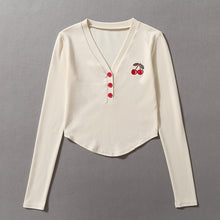 Women Embroidery Cherry V Neck Long Sleeved Crop Top With Contrast Button Detail