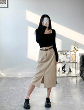 Women Front Split Pencil Midi Skirt With A Belt