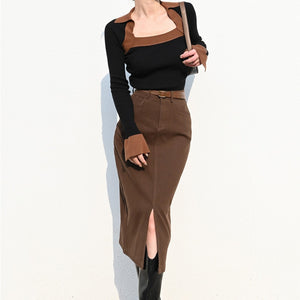 Women Front Split Pencil Midi Skirt With A Belt